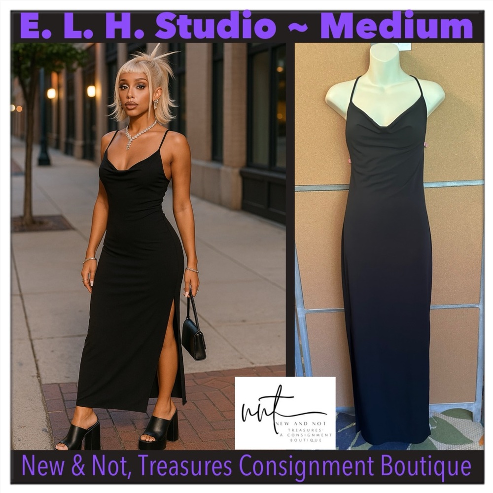E.L.H. Studio Fashion Black Sleeveless Maxi Dress Women's Size Medium Slits Y2K